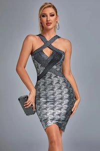 High Quality 2022 Black Gold Sleeveless Foiling Print Rayon Bandage Dress Fashion Club Party Dress Vestidos