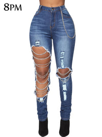 Women's Boyfriend Jeans Distressed Slim Fit Ripped Denim Pants Comfy Stretch Skinny Jeans Metal Chain Decoration ouc1471