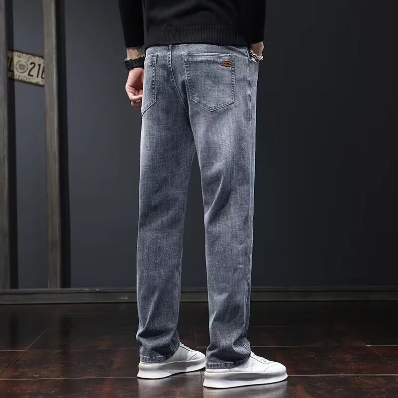2025 New Men Fashion Loose Straight Elasticity Jeans Male Wear-Resistant Look Taller Denim Pants Smart Casual Dark Gray Trousers