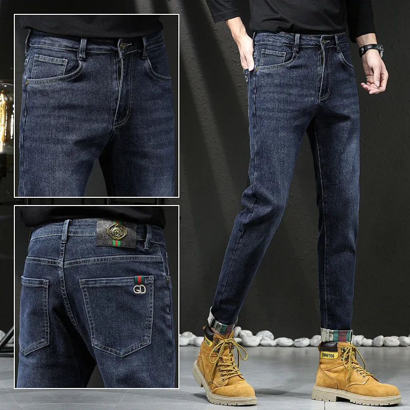 Jeans Spring and Autumn Fashion Jeans Men's Embroidery Elastic Slim Jeanadult Gentleman Comfortable Loose Senior High-end Man