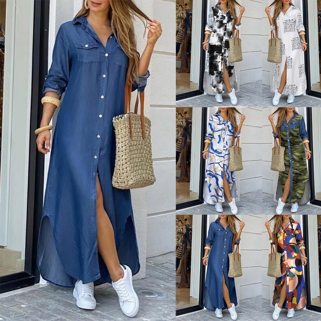 Sexy Long Dress Long Sleeve Shirt Women's Denim Long Dress Pocket Button Shirt