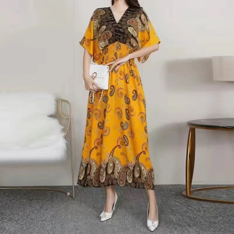 Summer Poplin Dresses Women Round Neck Puff Short Sleeve A Line Print Dresses Ethnic Style Tight High Waist Long Dress 2023