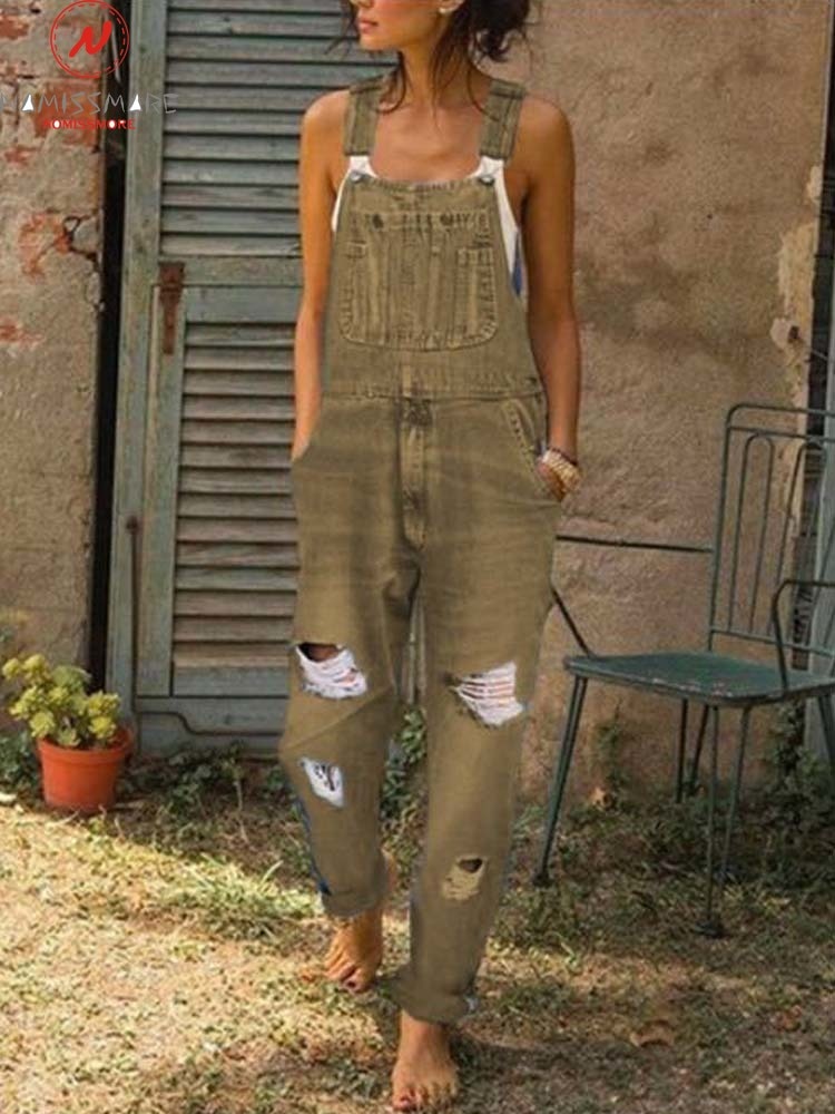 Fashion Women Denim Rompers for Streetwear Hollow Out Design Pockets Decor Sling Sleeveless Mid Waist Casual Loose Jumpsuits