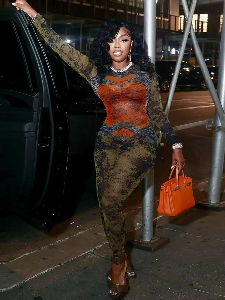 Sisterlinda Printing Slim O-Neck Long Sleeve Jumpsuit Women Sexy Popular Body-shaping Vestidos Girl Party Leisure Pencil Pants