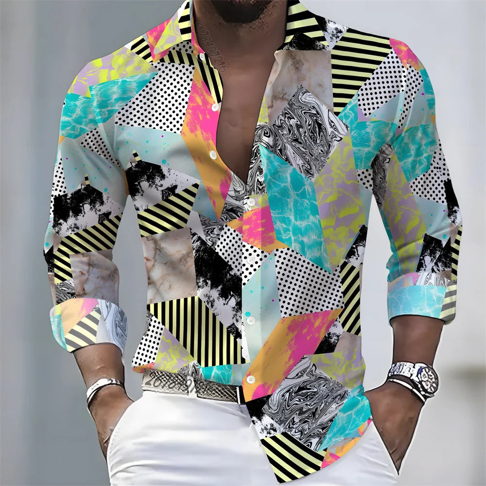 2026 Spring/Autumn New Men's Light Luxury Baroque Style Long-Sleeved Shirt with Color-Blocked Geometric Print Lapel Cardigan