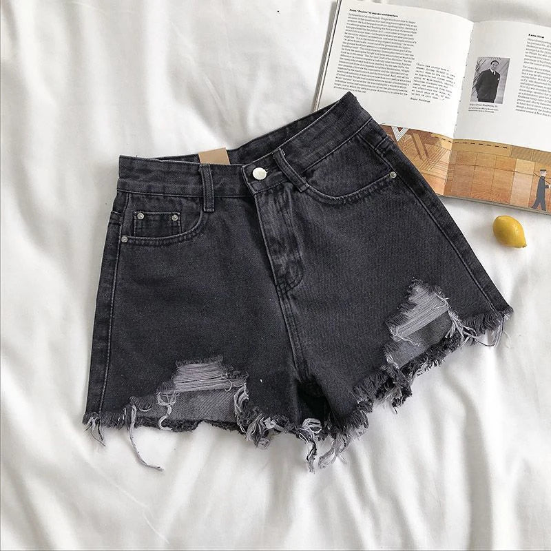 Ripped Women Denim Shorts Korean Chic High Waist Female Casual Shorts Summer New Pockets Solid All Match Ladies Wide Leg Pants