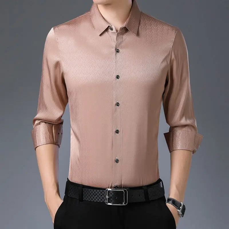 Streetwear Fashion Men Silk Smooth Shirt Spring Autumn New Male Clothes Business Casual Vintage Long Sleeve Basic Casual Tops