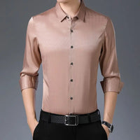 Streetwear Fashion Men Silk Smooth Shirt Spring Autumn New Male Clothes Business Casual Vintage Long Sleeve Basic Casual Tops