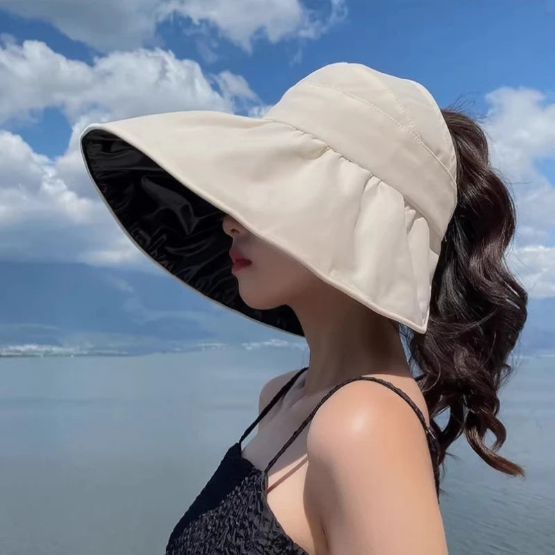 Empty Top Wide Brim Foldable Sun Hat for Women Spring Summer Anti UV Sunscreen Bucket Hat Girl Outdoor Hiking Fishing Beach Caps