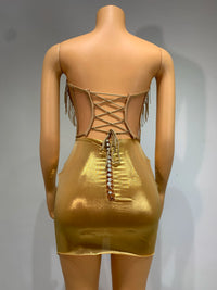Sparkly Gold Silver Rhinstones Fringes Top Skirt Set Women Sexy Strapless Designer Two Pieces Dress Nightclub Party Stage Outfit