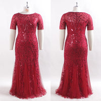 Women Plus Size Sequin Mesh Embroidery Mermaid  Evening Dress Formal Short Sleeve Elegant Party Prom Gowns 2020 New Long Dress