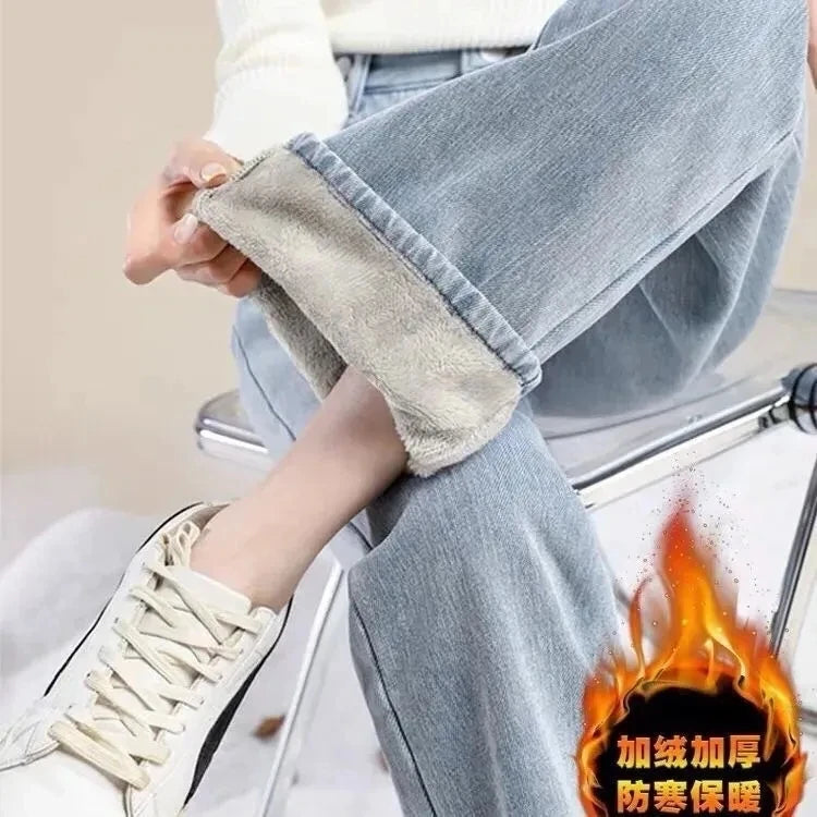 Women Warm Wide Leg Jeans High Waist Velvet Vaqueros Casual Thick Baggy Pantalon Korean Fashion Straight Denim Trousers Winter