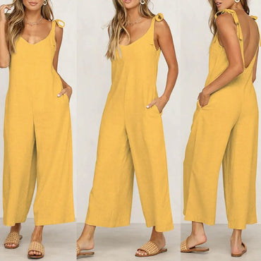 Summer Loose Casual Jumpsuit Women Sleeveless Rompers O Neck Solid Backless Overalls Trousers Wide Leg Cropped Pants hot