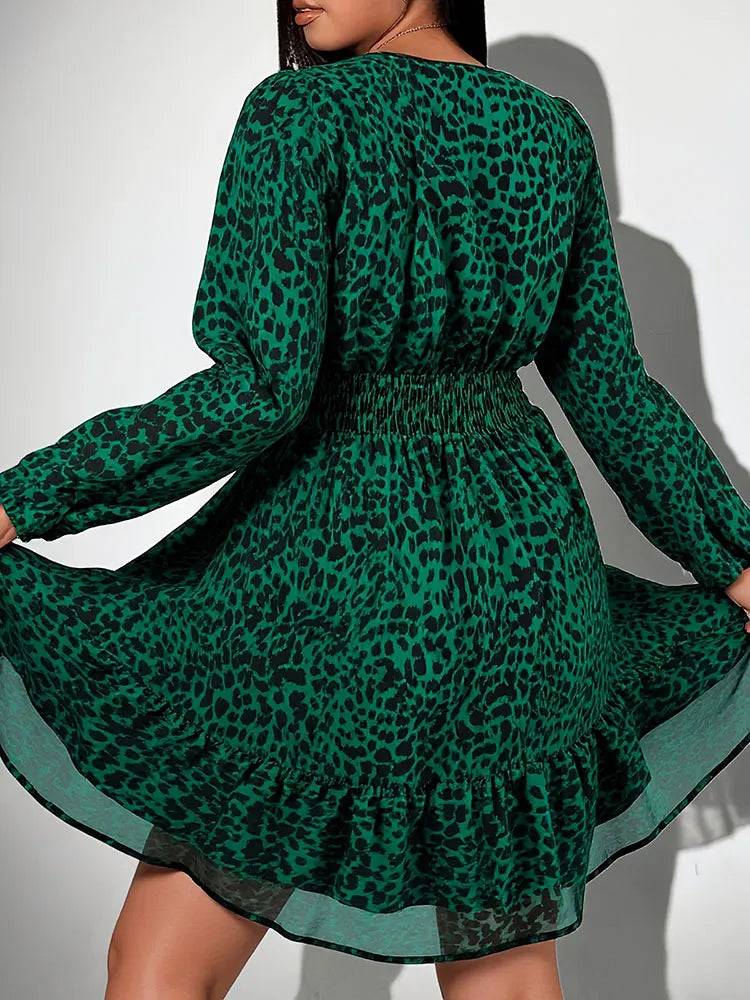 New Sexy V-Neck Leopard Print Long-Sleeve Dress Plus Size Women Clothing American Slim A-Line Skirt Elegant Party Evening Dress