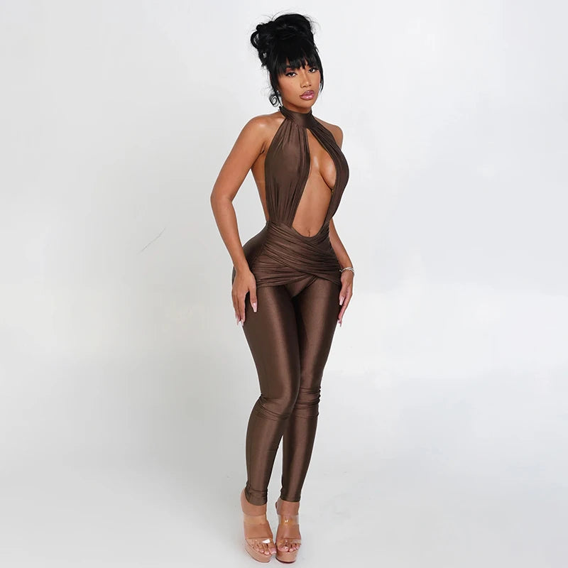 Halter Backless Jumpsuit Woman Sexy Hollow Fit Patchwork Waist Ruched Midnight Activity Workout Streetwear Overalls