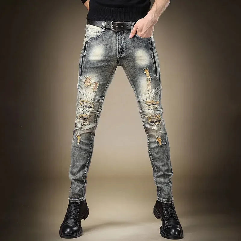 Broken Man Cowboy Pants with Holes Ripped Pockets Torn Tapered Jeans for Men Trousers Classic High Quality 2025 Trend Stacked Xs