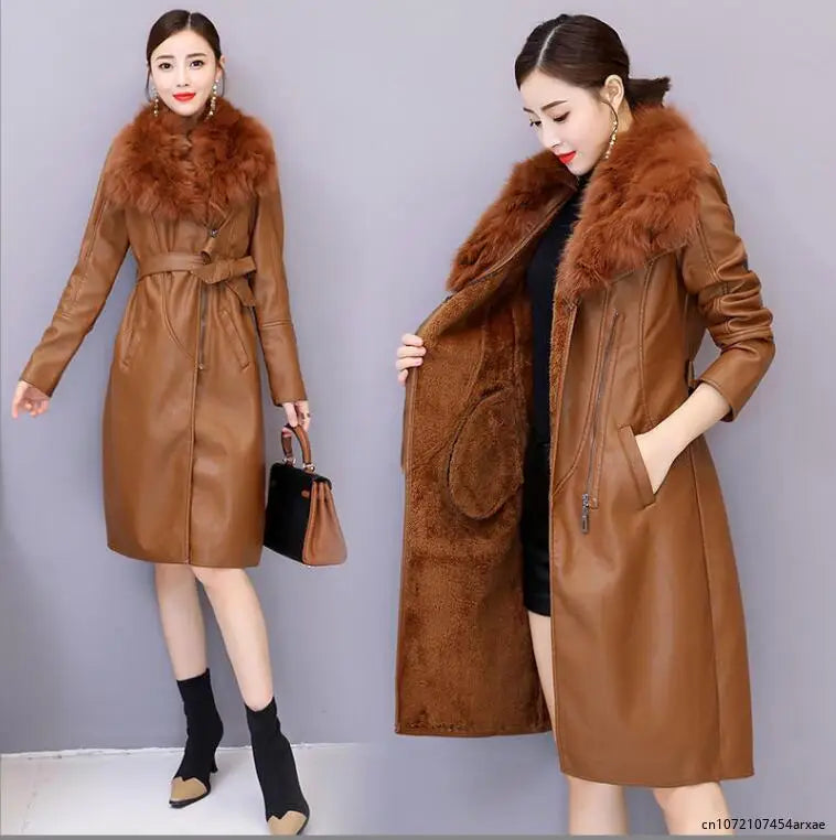 Winter Faux Fur Collar Leather Long Loose Coats Coat Female Jacket Parka Women Femme Rabbit Mink Sheepskin Fashion Fox