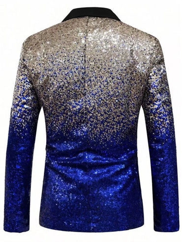 Shiny Sequin Tuxedo Jacket for Men - Royal Blue & Gold Gradient, Black Lapel, Formal Party/Wedding/Stage Wear‌ Coat.