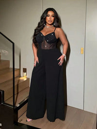 Large size women's sexy party suspender with shiny and shiny elastic mesh wide leg jumpsuit and fashionable jumpsuit