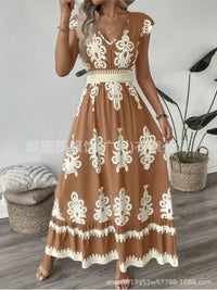 Women's Holiday Wind Beach Print Dress Summer Fashion High Waist Slim Body Casual V Neck Swing Elegant Ladies Office Long Dress