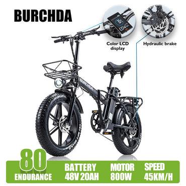 BURCHDA R8PRO 2023 800W Foldable Electric Bicycle 48V20AH Lithium Battery 4.0 Fat Tire 20Inch Men's and Women's Snow Ebike Motor