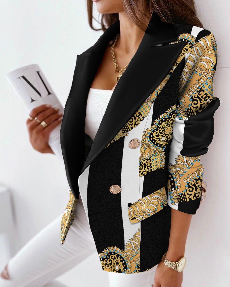 Sexy Women Suit Jacket Fashion Casual Color Print Lapel Long Sleeve Face Contrast Double-breasted