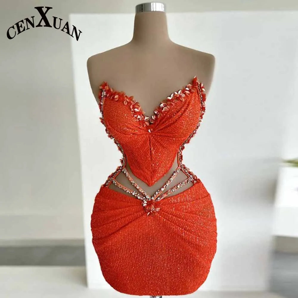CENXUAN Modern Sleeveless Short Cocktail Dresses for Woman with Rhinestones Pleat Party Gowns Vestidos De Gala Customized