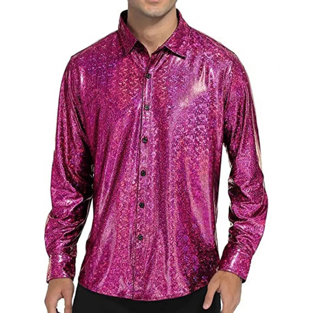 2025 Shirt Men Button Metallic Disco Shirt 70s Costume Men Gold Shirts For 70s Party Nightclub Wear Music Festival Men's Top