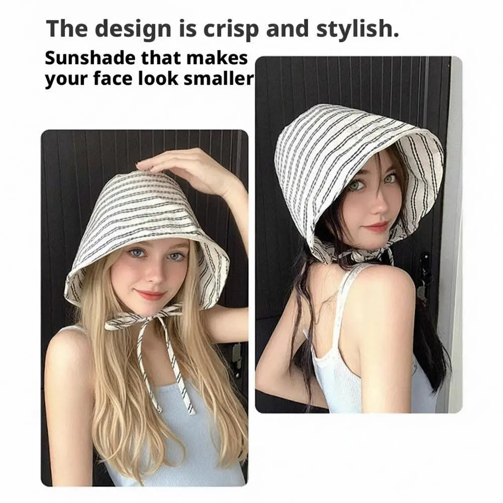 Striped UPF 50+ Sun Protection Bucket Hat, Lightweight Breathable Wide Brim UV Block Sun Hat Adjustable Chin Ties for Outdoor