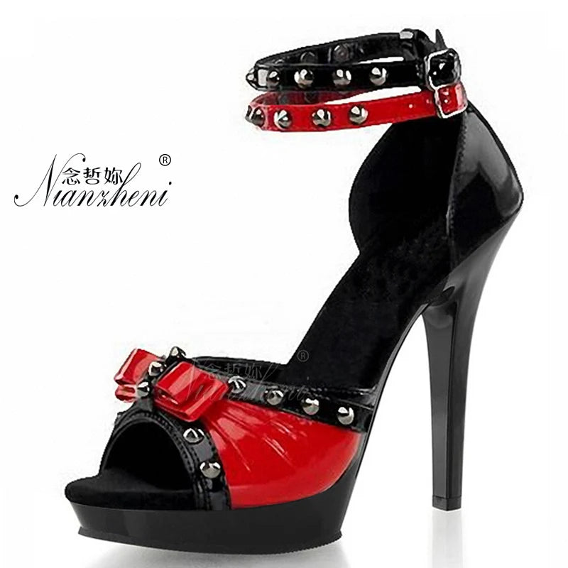 Gothic Sexy Fetish Exotic Dancer Platform Peep Toe Sandals 20cm Stripper Heels Models Show Catwalk Nightclub 17cm Retro Rivet