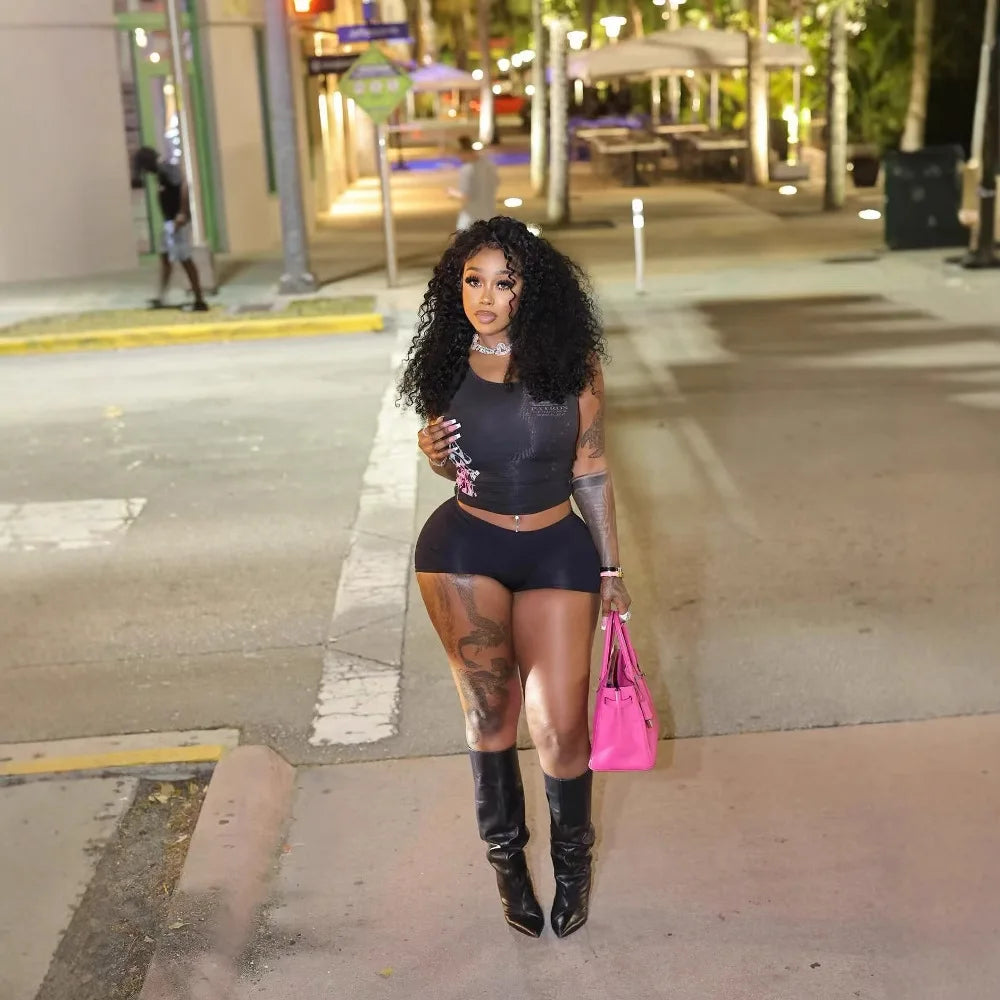 STYLISH LADY Floral Printed 2 Piece Set Women Sleeveless Crop Top and Shorts Suits 2025 Summer Black Sexy Club Street Outfits