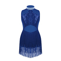 Girls Shiny Rhinestone Jazz Ballet Dance Dress Decorated Collar Sequins Mesh Tassel Hem Dance Leotards Dance Performance Dress