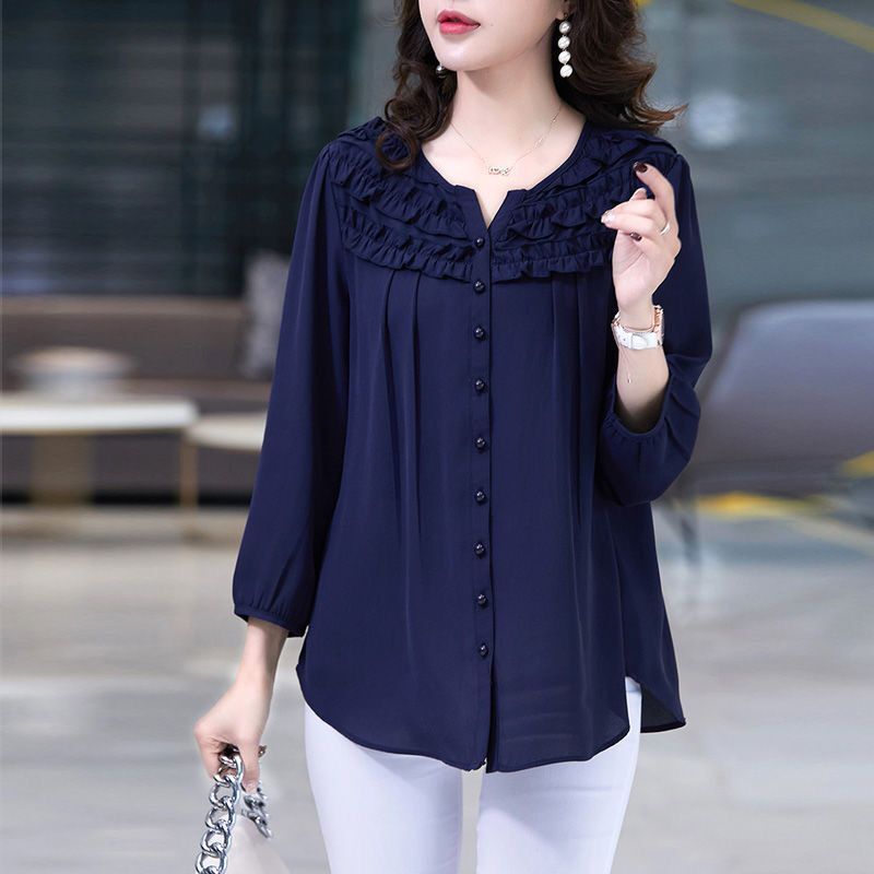 Oversized Nine Quarter Sleeve Chiffon Blusas For Mom Summer Causal Camisas Korean Fashion Top Chic Elegant Blouse Loose Shirt