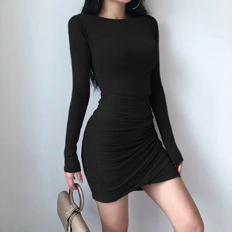 2023 Spring Autumn Women's Shirt Dress O-Neck Long Sleeve Korean Fashion Mini Sexy Robe Femme Folds Chic Bodycon Vestidos Mujer