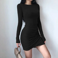 2023 Spring Autumn Women's Shirt Dress O-Neck Long Sleeve Korean Fashion Mini Sexy Robe Femme Folds Chic Bodycon Vestidos Mujer