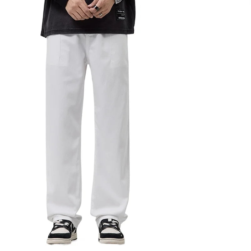 Men's White Jeans, Summer Thin Ice Silk Loose Straight Leg Wide Leg Pants, Fashionable Washed and Hanging Casual Versatile Pants
