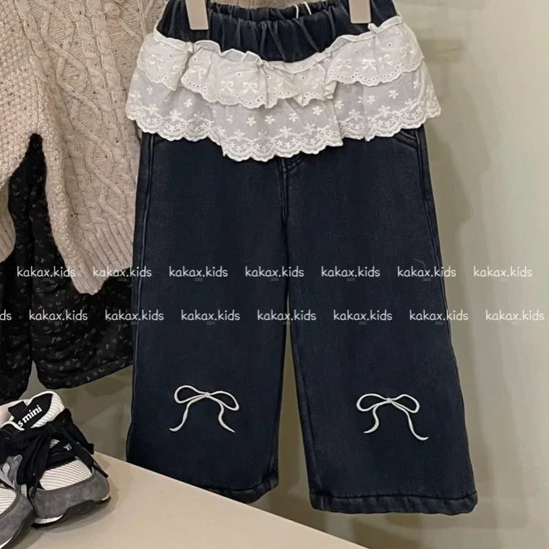 Jeans 2024 Girls Autumn Winter New Korean Lace Waist Bow Velvet Jeans Tide Teenage Girls Clothing Girls Pants