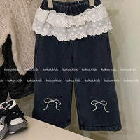Jeans 2024 Girls Autumn Winter New Korean Lace Waist Bow Velvet Jeans Tide Teenage Girls Clothing Girls Pants