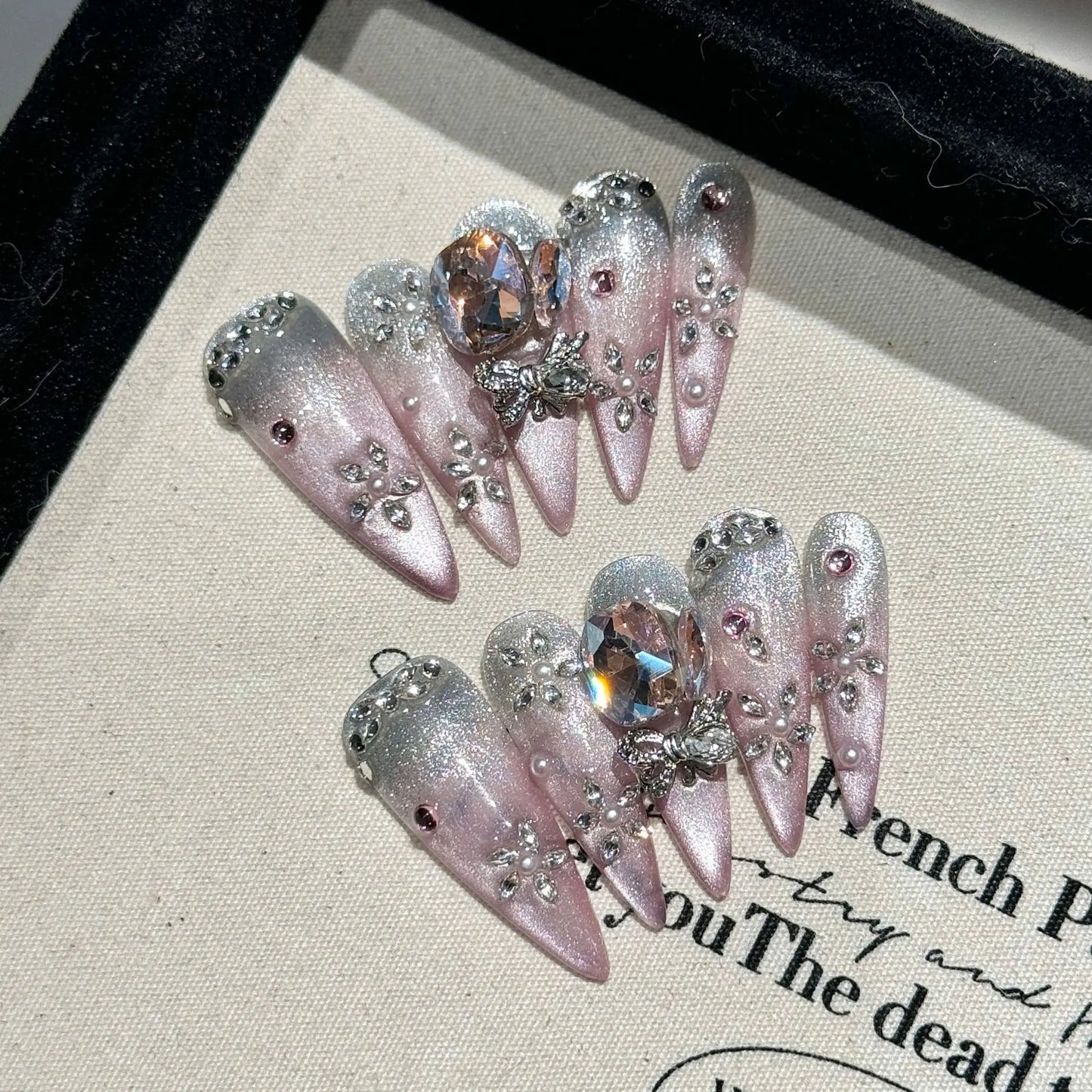 10pcs Luxury Handmade False Nail Y2k Glitter Pink Blue French Style Press On Nails Shiny Diamond Metal Butterfly Decor Fake Nail