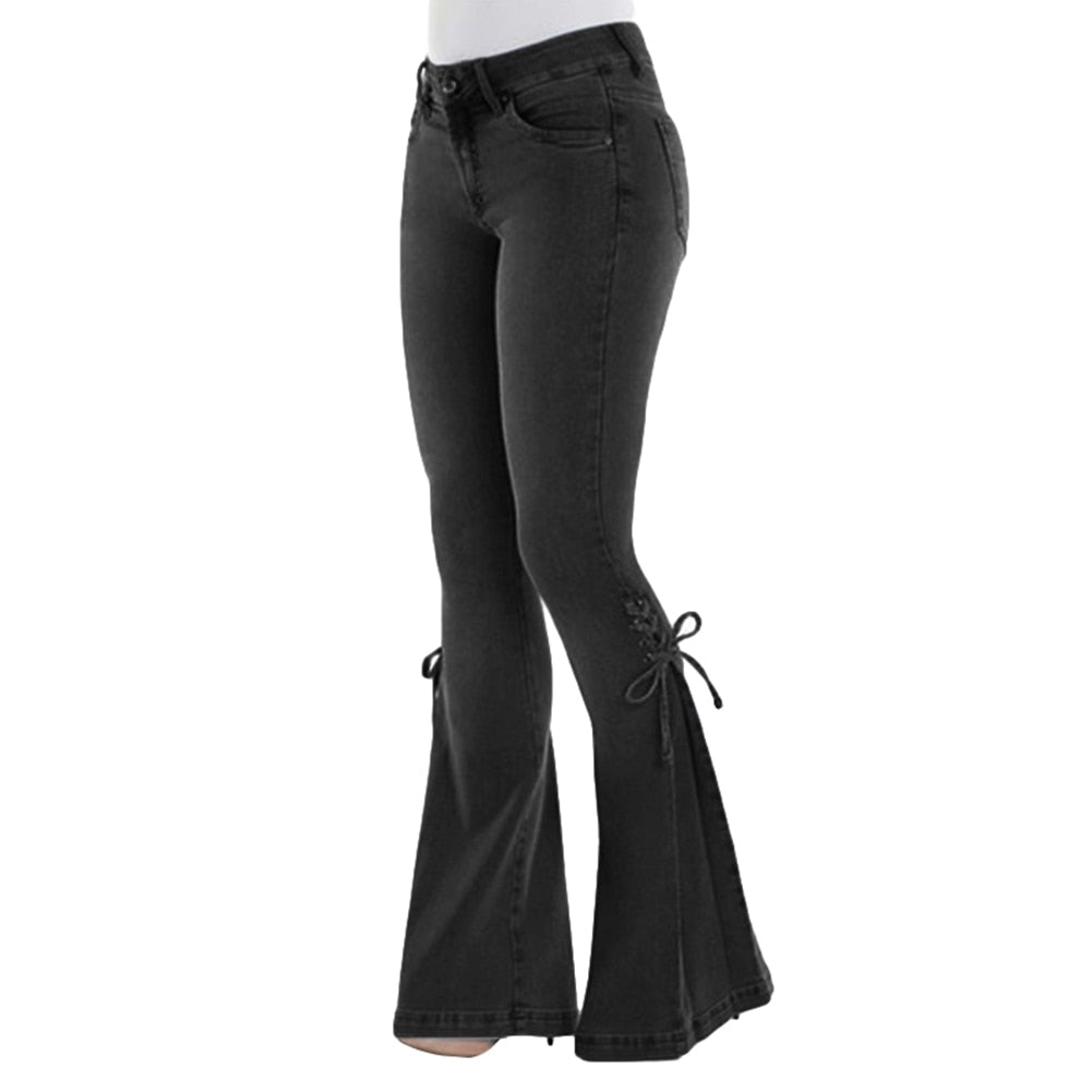 Mid Waisted Stretch Flare Jeans Women Denim Pants Wide Leg Butt-lifted Casual Korean Style Skinny Bell Bottom Pocket Trousers