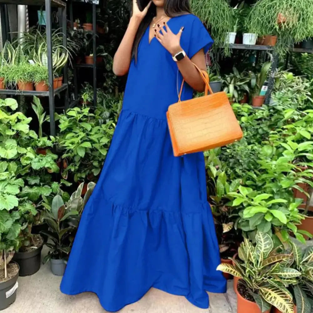 women sundress  Loose V-neck Patchwork Short Sleeves Solid Color Beach Dress Summer Women Dress Elegant Large Hem Maxi Dress