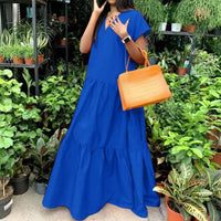 women sundress  Loose V-neck Patchwork Short Sleeves Solid Color Beach Dress Summer Women Dress Elegant Large Hem Maxi Dress