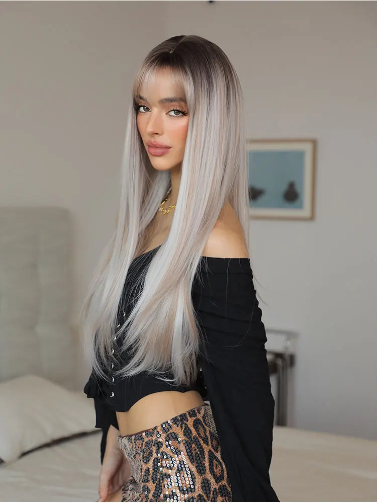 Natural Looking Black and white hair  28 Inch Straight Hair Wig Synthetic Heat Resistant Wigs For Women