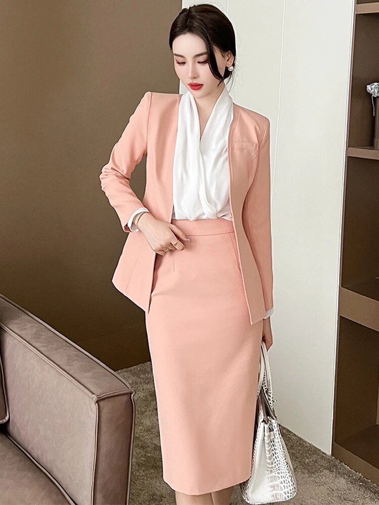 Spring Autumn 2 Piece Outfit Suits Women Professional Formal Commute Pink Tops Coat Blazer Suit High Waist Midi Skirt Pencil Set