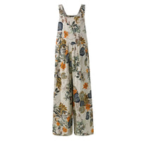 Combhasaki Women's S-3XL Cotton and Linen Jumpsuit Leaf Floral Print Square Neck Sleeveless Casual Loose Overalls with Pockets