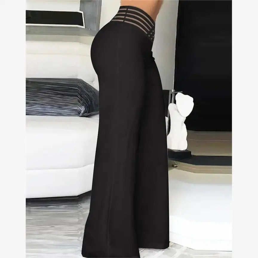 High Waist Sheer Mesh Patch Wide Leg Pants Women's Casual Trousers Polyester Long Pants Versatile Style Regular Thickness