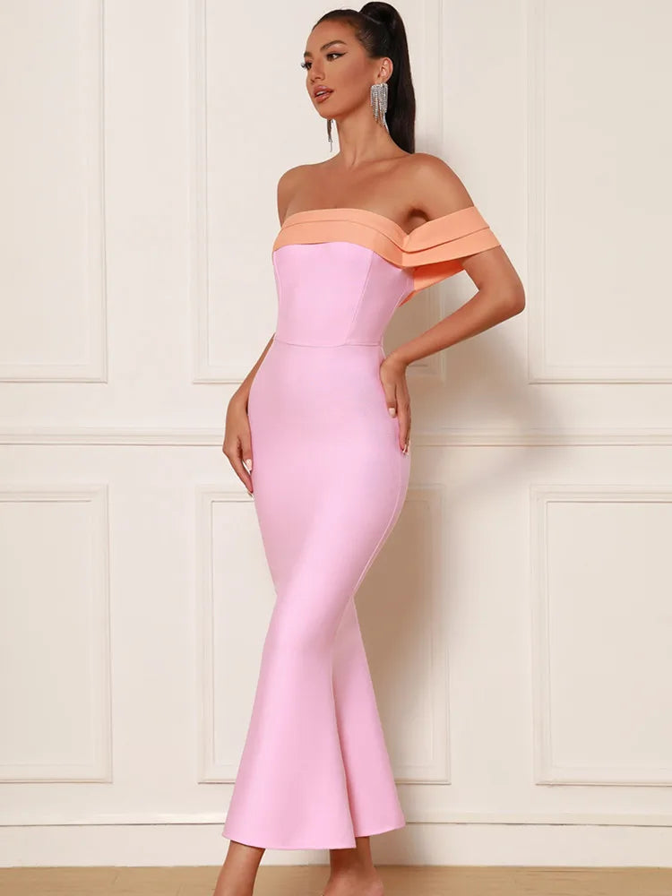 New Women Summer Sexy Off Shoulder Patchwork Pink Mermaid Ankle Length Bandage Dress 2023 Elegant Evening Celebrity Party Dress