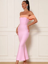 New Women Summer Sexy Off Shoulder Patchwork Pink Mermaid Ankle Length Bandage Dress 2023 Elegant Evening Celebrity Party Dress