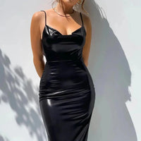 Summer Solid Slim Sleeveless Banquet Dress Hot Girl Backless Split Wrap Hips Dress Sexy Swinging Collar PU Leather Bodycon Dress