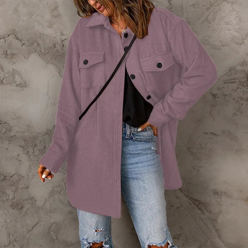 Winter Women Woolen Coat Top Elegant New 2024 Fashion Long Sleeve Turn Down Collar Single Breated Pocket Loose Jacket Outwear